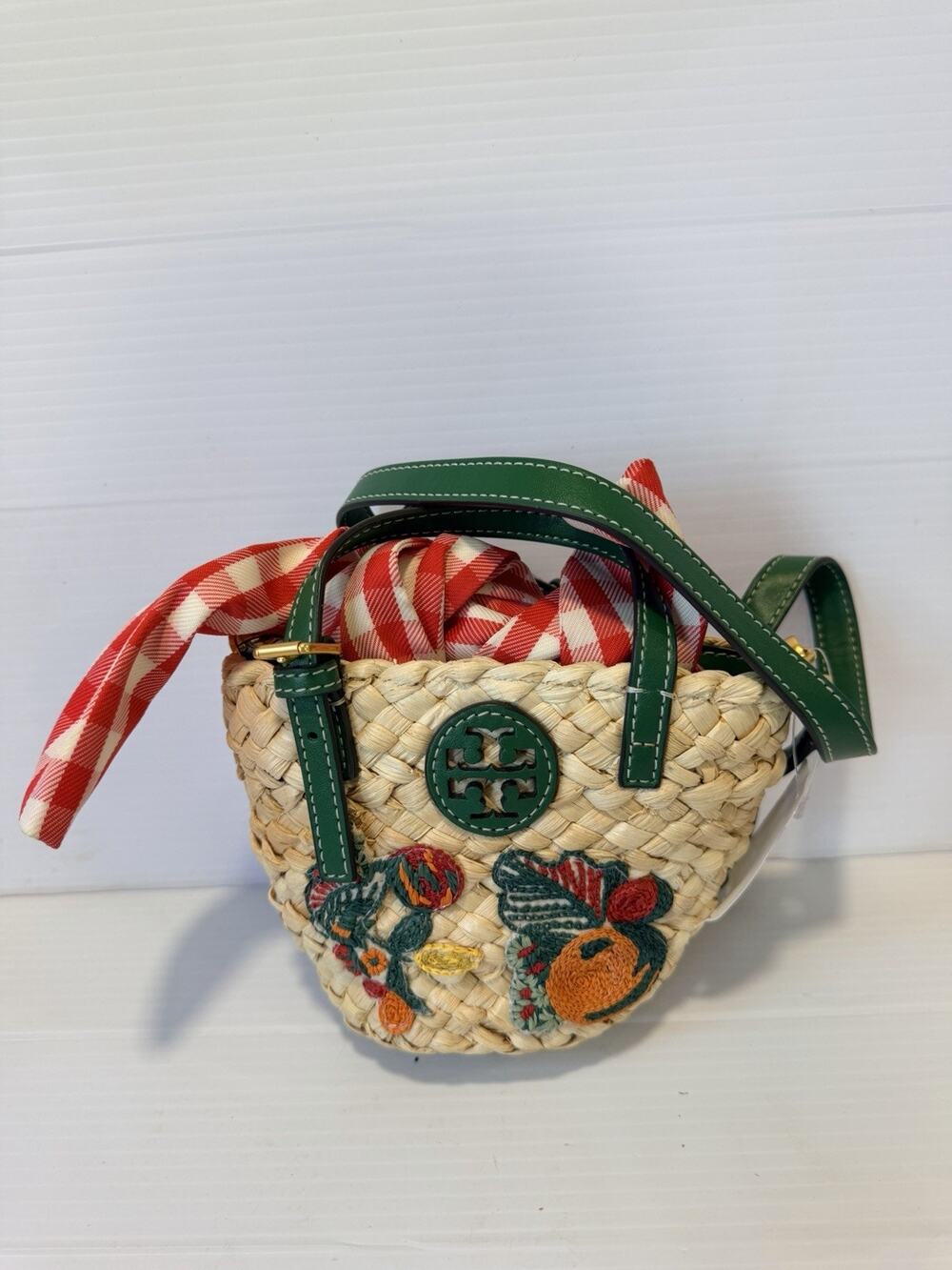 Tory Burch Raffia Straw Embroidered Fruit Picnic Basket Crossbody Bag